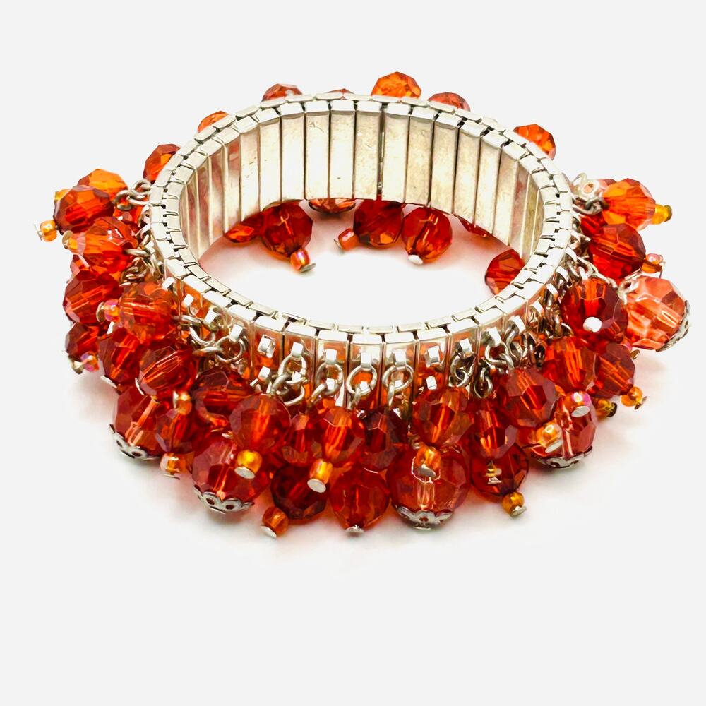 Vintage 90s Chunky Red Beaded Stretch Bracelet Jingle Cluster Bangle